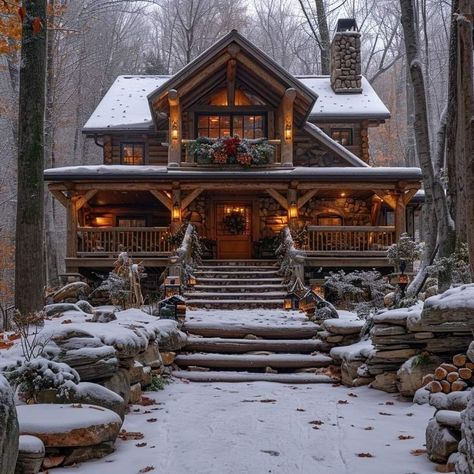 3 Story Cabin, Winter Cabin Layout, Cozy Cabin Exterior, Cabin With Balcony, Mountain Homes Interiors, Christmas Cabins, Log Cabin Mansions, Log Cabin House, Log Houses