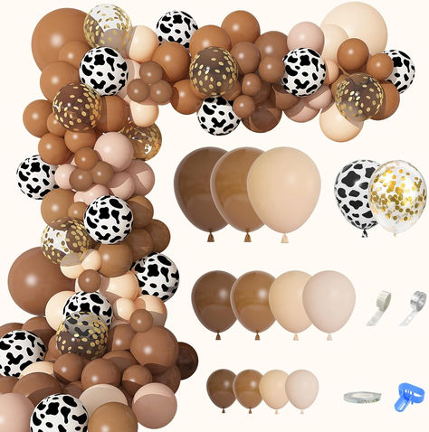 170Pcs Brown Cow Balloons Garland Arch Kit, Coffee Brown Neutral Blush Confetti Cow Print Balloons for Western Cowboy Cowgirl Farm Animal Themed Baby Shower Birthday Party Decorations Supplies #ad #western #babyshower #babyshowersupplies #babyshowerdecor #cowboybabyshower #westernbabyshower #cow Highland Cow Balloon Arch, Cow Balloon Arch, Cowboy Balloons, Cow Print Balloon Arch, Cowboy Theme Party Decorations, Highland Cow Party, Cow Print Balloons, Cow Balloons, Matte Balloons