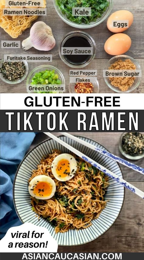 Viral Tiktok Ramen, Tiktok Ramen, Gluten Free Asian, Gluten Free Ramen Noodles, Ramen Dish, Gluten Free Asian Recipes, Gluten Free Ramen, Chopped Kale, Dairy Free Recipes Dinner