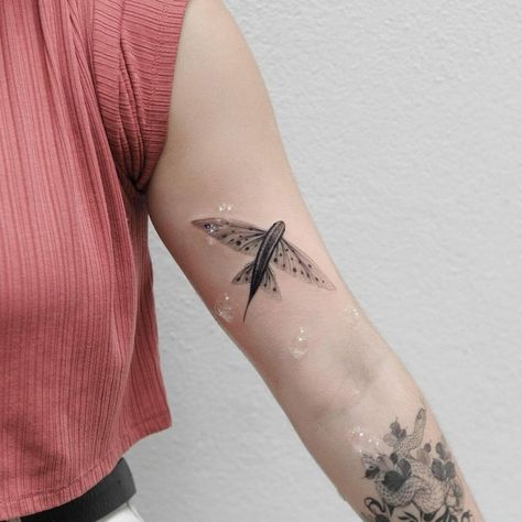 Flying Fish Tattoo Sun Fish Tattoo, Fly Fish Tattoo, Blk Tattoo, Tattoo Ideas Fish, Flying Fish Tattoo, Flying Fish Art, Fish Tattoo Meaning, Fish Tattoo Ideas, Pelican Tattoo