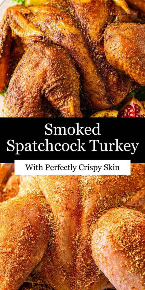 Make your next holiday meal one to remember and serve this succulent, crispy smoked spatchcock turkey! This turkey is coated with a flavorful dry rub and then smoked low and slow to infuse the perfect kiss of smoke into wonderfully tender, moist meat. The whole family is sure to fall in love with this smoked turkey. Smoked Spatchcock Turkey, Thanksgiving Recipes Drinks, Spatchcock Turkey, Bubble Recipe, Smoked Turkey Recipes, Perfect Kiss, Pellet Grill Recipes, Best Christmas Recipes, Fall Comfort Food