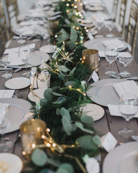 Emily Elizabeth on Instagram: “This center piece. Those twinkle lights. Ahhh 😍😍😍 • • • • • • • Second shot with @kathryngracephotography” Wedding Table Garland With Fairy Lights, Wedding Table Decor Fairy Lights, Centerpieces Wedding Lights, Twinkle Lights Table Decor, Eucalyptus Fairy Lights Centerpiece, Twinkle Lights Wedding Centerpiece, Fairy Lights Wedding Table Decor, Flameless Wedding Centerpieces, Wedding Table Decorations Fairy Lights