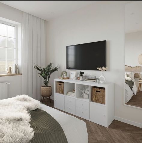 Minimalist Dresser Decor With Tv, Renter Living Room Ideas, Room Dresser Decor Ideas Aesthetic, Tv Set Up In Bedroom, Entertainment Center Apartment, Tv On Chest Of Drawers In Bedroom, White Room White Furniture, Bedroom Ideas Tv Area, Bedroom Tv Decor Ideas