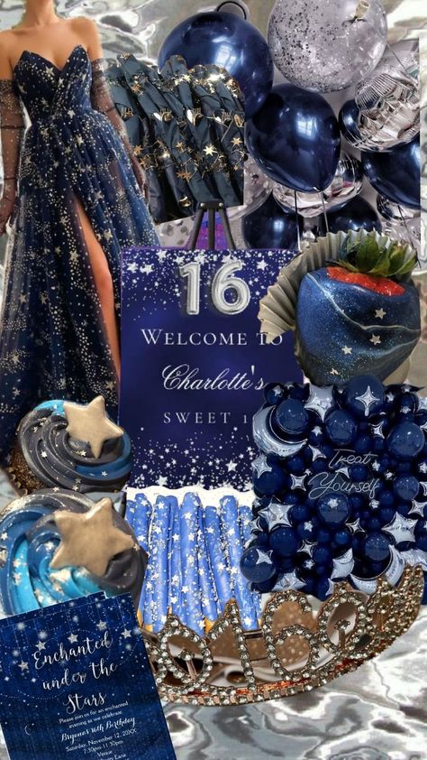 silver stars,navy blue or black background Sweet Sixteen Themes, 16 Party Ideas, Sweet 16 Party Ideas, Sweet Sixteen Birthday Party Ideas, Sweet 16 Themes, Bat Mitzvah Party, Blue Quince, Sweet 16 Decorations, Sweet 16 Party