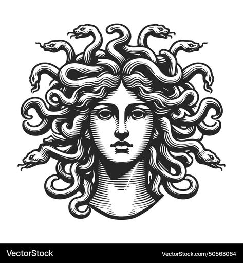 Medusa Vintage Illustration, Snake Vector Illustration, Snakes Sketch, Medusa Sketch, Medusa Illustration, Linocut Portrait, Medusa Snakes, Deity Work, Snake Sketch