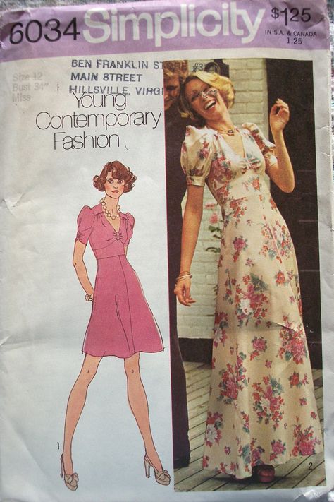 Simplicity Patterns | Simplicity 6034 - Vintage Sewing Patterns Croquis, 70s Sewing Patterns, Simplicity Patterns Vintage, 1970s Sewing Patterns, Simplicity Dress, Vintage Dress Patterns, Maxi Dress Pattern, Motif Vintage, Miss Dress