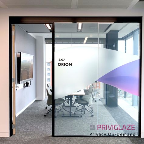 Retrofit Switchable Smart Film on existing glass that incorporates your branding graphics. This was installed for our client's meeting room at Finastra London. Glass Door Decal, Glass Sticker Design, Internal Branding, Glass Film Design, Decorate Office, Glass Partition Designs, Glass Wall Office, Glass Wall Design, Window Film Designs