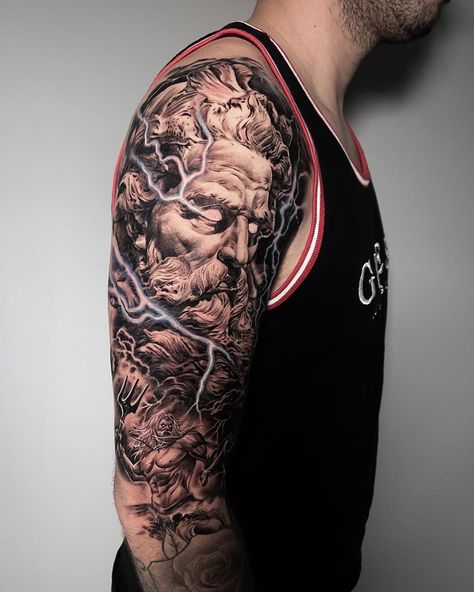 Zues Tattoo Shoulder, Posiden Tattoo Forearm, Posiden Tattoo Trident, Zeus Shoulder Tattoo, Zeus Arm Tattoo, Zues Tattoo Mythology, Hades Tattoo, Tattoo Perna, Greek God Tattoo