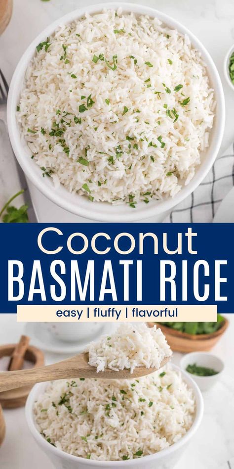 This easy Coconut Rice recipe is a fantastic way to jazz up white rice! Coconut milk adds creamy sweetness to fluffy basmati rice, turning it into an ultra flavorful accompaniment for curries, seafood, and more. Rice Made With Coconut Milk, Coconut Rice Basmati, Coconut Milk And Rice Recipes, Coconut Rice Recipe Easy, Coconut Cilantro Rice, Flavourful Rice Recipes, Coconut Basmati Rice Recipe, Rice With Coconut Milk Recipes, How To Make Coconut Rice