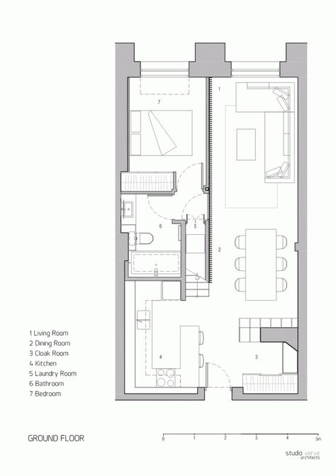 Apartment at Bow Quarter / Studio Verve Architects - Small space with lofted office Studio Apartment Plan, Small Apartment Plans, Container Houses, Apartment Floor Plan, Houses Plans, Apartment Floor Plans, Narrow House, Floor Plan Layout, Container House Plans