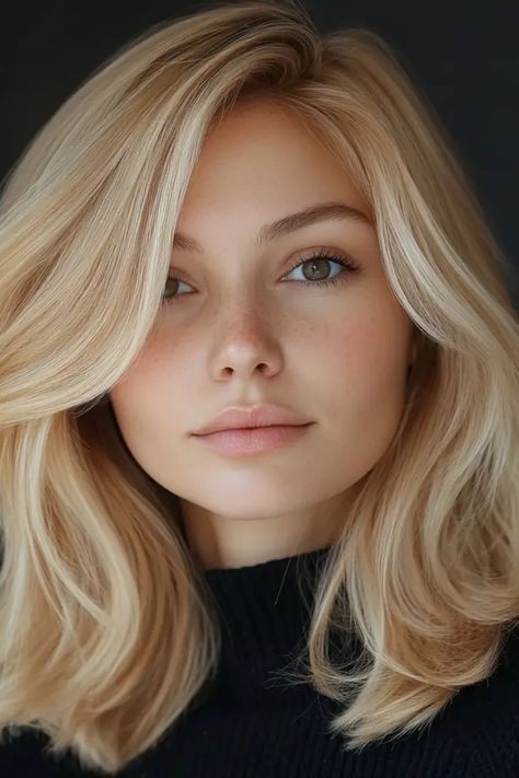 Blonde woman with shoulder-length hair and a neutral expression. Color Palette Blonde Hair Blue Eyes, Blonde For Hazel Eyes, Dark Blonde Hair Color Ideas For Fair Skin Hazel Eyes, Blonde Hair Cuts For Round Faces, Blonde Hair Hazel Eyes Makeup, Warm Blonde With Lowlights, Blonde Headshots, Blonde With Hazel Eyes, Warm Honey Blonde Hair Caramel