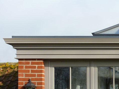 Get the orangery look using a perimeter edge fascia with guttering. Shown here is 'The Cavendish' orangery fascia. Substantial in its architectural detailing with a marked projection. Lantern Roof Extension, Orangery Extension, Architectural Detailing, Flat Roof Extension, Garden Room Extensions, The Orangery, Exterior House Remodel, Roof Extension, Roof Lantern