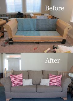 DIY:  Reupholster those ugly couches once and for all!  It's EASY!  Complete and detailed tutorial from doityourselfdivas.blogspot.com Reupholster Couch, Palette Patio, Miniature Couch, Couch Diy, Pallet Couch, Reupholster Furniture, Upholstery Diy, Diy Couch, Diy Sofa