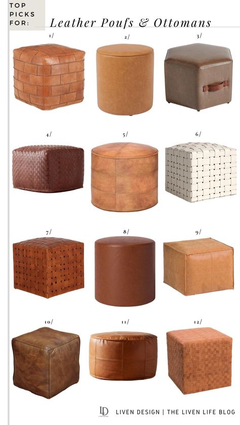 Small Leather Ottoman Stool, Faux Leather Ottoman Pouf, Small Sectional With Ottoman, Leather Cube Ottoman, Living Room With Ottoman Seating, Woven Leather Ottoman, Small Leather Ottoman, Brown Ottoman Living Room, Cognac Ottoman