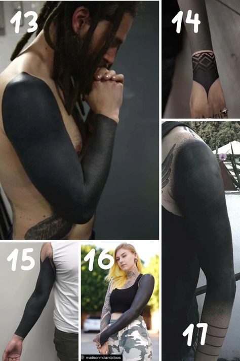 Unique Black Sleeve Tattoo Ideas + Info - TattooGlee Sleeve Tattoo Inspiration, Arms Tattoos, Long Sleeve Tattoo, Cover Up Tattoos For Men, Black Sleeve Tattoo, Fierce Tattoo, All Black Tattoos, Solid Black Tattoo, Bright Tattoos