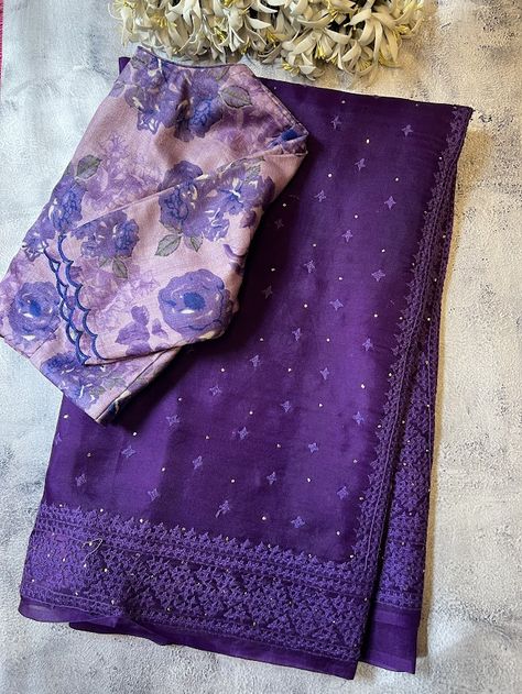 Tuhina violet organza saree handloom organza kutch embroidered by local artisans Mukaish embellishments adds to the beauty Running blouse piece Dry clean only  To view other organza sarees, please click on  https://aavaranaa.com/product-tag/tuhina/ Kutch Work Saree, Benaras Sarees, Mukaish Work, Modern Saree, Saree Handloom, Organza Sarees, Embroidered Saree, Sarees Collection, Dress Indian