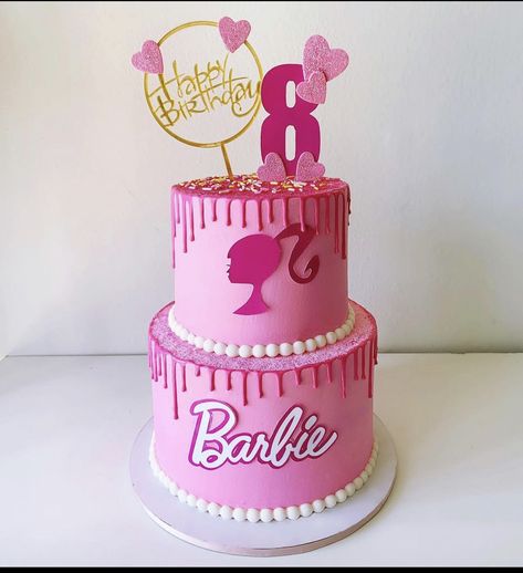 Barbie Birthday Cake 2 Tier, Birthday Cake Barbie Theme, Barbie Two Tier Cake, Barbie Theme Cakes, Barbie Party 5th Birthday, Barbie Themed Birthday Party For Kids, Barbie Theme Cake Ideas, 2 Tier Barbie Cake, Barbie Cake Birthday Kids