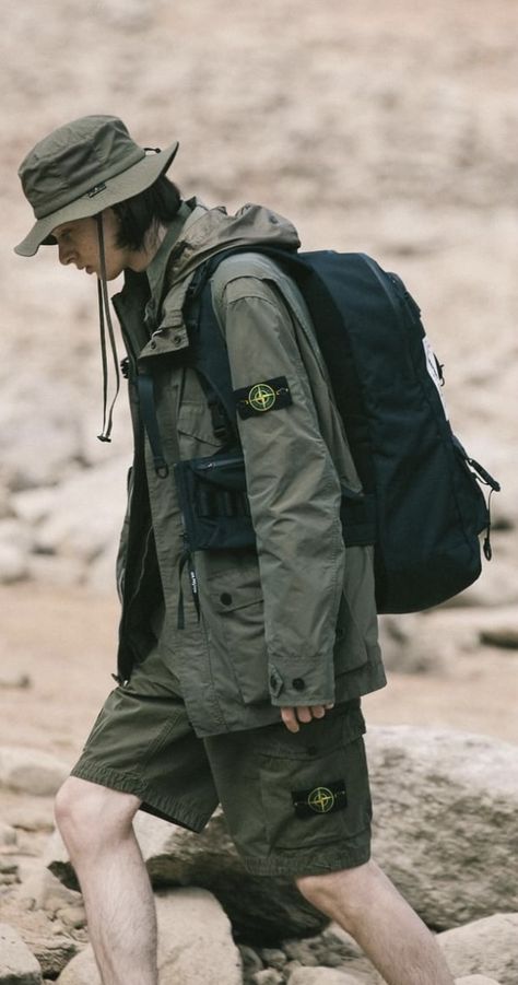 Stone Island SS21 at @hbx now Fishing Outfit Men, Stone Island Aesthetic, Stone Island Outfit Men, Gorpcore Men, Stone Island Outfit, Camping Outfits Men, Hiking Outfit Men, Futurism Fashion, Safari Outfit