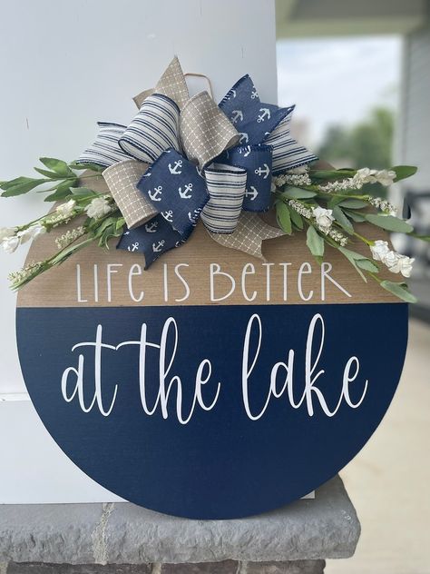 Lake Wreath For Front Door, Lake Welcome Signs, Lake Wreath Ideas, Lake House Front Door, Lake Life Decor, Cabin Fun, Lake Condo, Porch Boards, Cricut Wood