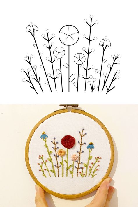 Simple Hand Embroidery Patterns, Digital Embroidery Patterns, Embroidery Template, Floral Embroidery Patterns, Basic Embroidery Stitches, Pola Sulam, Hand Embroidery Projects, Hand Embroidery Flowers, Paper Embroidery