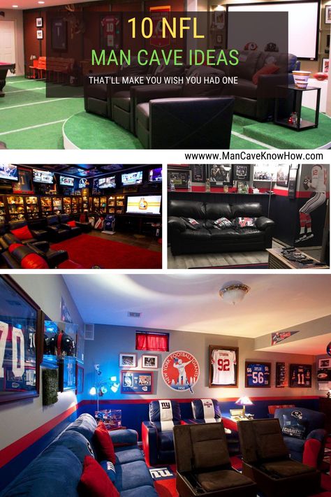 Easy to replicate awesome football man caves dedicated to favorite NFL teams. #nfl #football #mancave #affiliate Football Themed Basement, Patriots Man Cave Ideas, Nfl Man Cave Ideas, Football Room Man Caves, Mancave Basement Sports Best Man Caves, Football Themed Man Cave, Sport Theme Basement Ideas, Mancave Sports Theme, Football Game Room