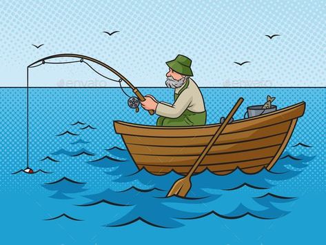 Old Man Fishing From Boat Pinup Pop Art Vector Old Man Fishing, Pop Art Vector, Man Fishing, Boat Illustration, Retro Vector Illustration, Illustration Comic, Pop Art Retro, Man Vector, Vector Icons Illustration