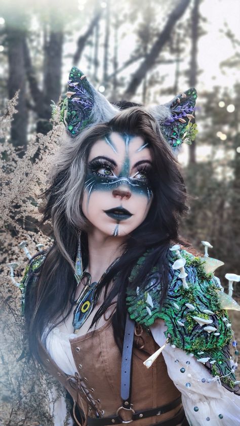 Raccoon Inspired Makeup, D&d Makeup, Druid Makeup Elves, Woodland Creatures Makeup, Dark Elf Cosplay Makeup, Woodland Faerie Makeup, Wolf Inspired Makeup, Cat Cosplay Makeup, Mythical Creatures Makeup