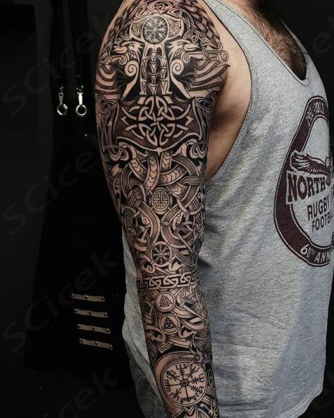 Nordic mythology is popular for literature, film, and body art; from Yggdrasil, Fenrir, and Thor, Nordic tattoo resonates for many people. Viking Tattoo Sleeve Norse Mythology, Nordic Tattoo Ideas, Arm Tattoos Ideas, Viking Sleeve, America Tattoo, Thor Tattoo, Fenrir Tattoo, Norse Mythology Tattoo, Valkyrie Tattoo