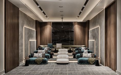 cinema room luxurious villa on Behance Home Theater Ideas Luxury, Home Cinema Room Ideas, Luxury Home Cinema Room, Cinema Room Design, Home Theatre Design, Home Cinema Design, Home Theater Room Design, Theater Room Design, Cinema Design