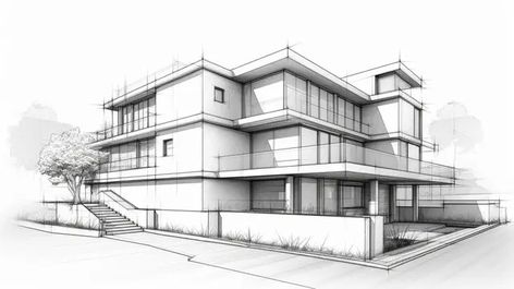 3d House Sketch, 3d Building Drawing, Exterior Perspective Drawing, Building Architecture Sketch, Architecture House Drawing, Apartment Sketch, 3d House Drawing, Perspective Building, Exterior Apartment