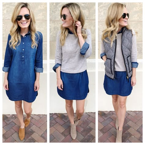 Navy Shirt Dress Outfit Fall, Button Up Denim Dress Outfit, How To Wear Denim Shirt Dress, Summer T Shirt Dress Outfit, Denim Dress Office Outfit, Denim Shirt Dress Outfit Women, Winter T Shirt Dress Outfit, Blue Jeans Dress Outfit, Winter Shirt Dress Outfit