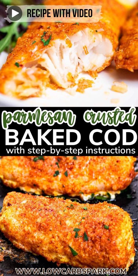 This Crusted Parmesan Cod is tender, flaky, and moist with a delicious parmesan topping. Make the best oven-baked cod recipe that's ready in less than 20 minutes. A family favorite cod recipe that's naturally keto-friendly, gluten-free recipe, and pairs perfectly with many side dishes. #codfillets #codrecipe Cod Baked In Oven, Cod Fish Recipes Oven, Parmesan Cod, Cod Fish Recipes Baked, Parmesan Crusted Cod, Cod Fillet Recipes, Parmesan Crusted Fish, Oven Baked Cod, Breaded Cod