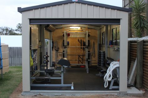 17 Insanely Unique uses for Outdoor Storage Sheds in 2018 [with 101 examples] Gym Creative, Gym Shed, Backyard Gym, Dream Home Gym, Morton Building, House Gym, Home Gym Garage, Front Facade, Gym Garage