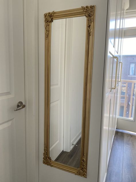 DIY Anthropologie mirror 2 Door Mirror Makeover, Cheap Full Length Mirror, Diy Anthropologie Mirror, Anthropology Mirror, Full Length Mirror Diy, Mirror Makeover Diy, Mirror Upcycle, Mirror Redo, Mirror Molding