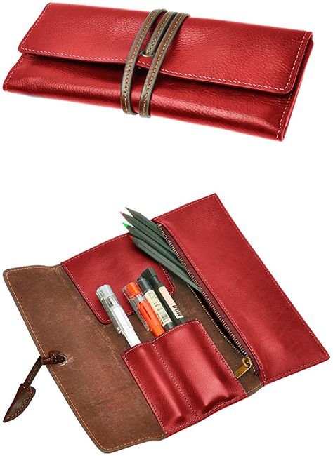 Pen Pouch Diy, Pouch Stationery, Leather Office Accessories, Leather Pencil Roll, Leather Knife Sheath Pattern, Leather Pen Case, Leather Bag Tutorial, Leather Notebook Cover, Leather Pencil Case