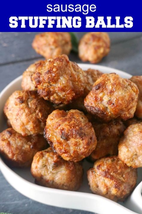 Sausage Stuffing Balls with sage and onion, a delicious recipe made from scratch with very little prep and effort. They can be served as appetizers or a nice side dish for you Thanksgiving or Christmas dinner. So easy to make, a big hit with everyone. Serve these yummy sausage meat stuffing meatballs with a nice turkey gravy or homemade cranberry sauce for the best festive experience. Quick, delicious, what a treat! Sausage Meat Stuffing Recipes, Pork Sausage Stuffing, Sausage Stuffing Balls, Stuffing Meatballs, Sausage Meat Stuffing, Happy Hobbies, Meat Stuffing, Stuffing Balls Recipe, Thanksgiving Meals