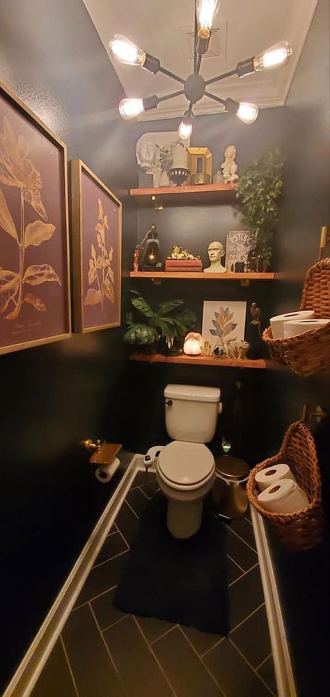 Eccentric Half Bathroom, Black Maximalist Bathroom, Small Moody Toilet Room, Moody Themed House, Guest Bathroom Apartment, Mural Kitchen Cabinets, Statement Mirror Bathroom, Oddities Bathroom, Small Dark Academia Bathroom