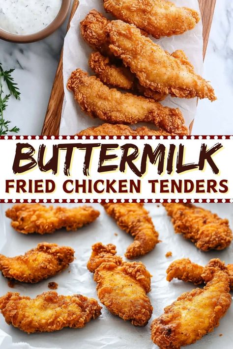 These buttermilk fried chicken tenders are crispy, juicy, and out of this world! They're so good, they'd even make grandma proud. Fried Chicken Tenders Buttermilk, Frying Chicken Tenders, Instant Pot Chicken Tenders, Fried Chicken Tenders Recipe, Chicken Tenders Recipes, Buttermilk Fried Chicken Tenders, Best Fried Chicken Recipe, Buttermilk Chicken Tenders, Homemade Chicken Tenders