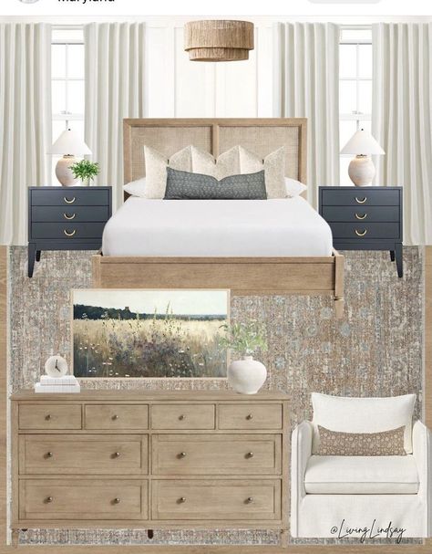 Neutral Coastal Master Bed, Guest Bedroom Ideas Lake House, Lake House Bedroom Aesthetic, Lakehouse Primary Bedroom, Primary Bedroom Ideas Coastal, Green And Blue Coastal Bedroom, Misty Sherwin Williams Bedroom, Lakehouse Mood Board, Navy And White Coastal Bedroom