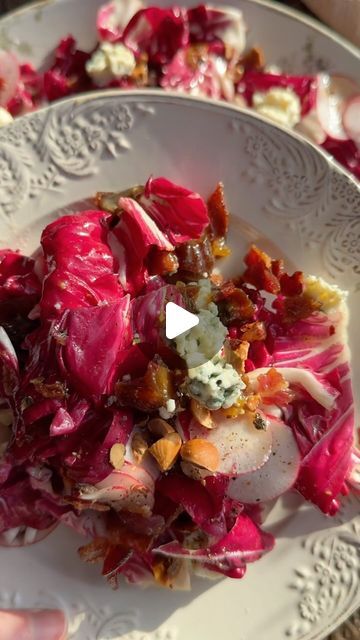 The Original Dish on Instagram: "a cute little radicchio salad in shades of red & pink for valentine’s day with crisp radishes, salty bacon, roasted hazelnuts, creamy blue cheese, and an apricot vinaigrette. serving it with braised short ribs and roasted garlic whipped potatoes💕" The Original Dish, Roasted Hazelnuts, Whipped Potatoes, Radicchio Salad, Braised Short Ribs, How To Roast Hazelnuts, Salad Bar, Radishes, Short Ribs