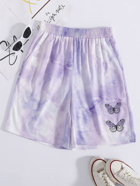 Lilac Purple Boho   Polyester Tie Dye,Butterfly Track Shorts Embellished Slight Stretch Summer Women Bottoms Tie Dye Butterfly, Butterfly Shorts, Butterfly Makeup, Women Bottoms, Women Shorts, Track Shorts, Tie Dye Shorts, Lilac Purple, Cute Shorts