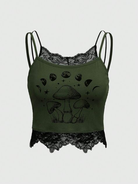 Mushroom Print Contrast Lace Cami Top Army Green Casual   Rib knit Graphic Cami Medium Stretch  Women Clothing, size features are:Bust: ,Length: ,Sleeve Length: Green Grunge Clothes, Fairycore Clothes Grunge, Taurus Clothing Style, Cute Emo Clothes, Army Green Aesthetic, Dark Green Crop Top, Fairycore Top, Shirts Grunge, Grunge Shirts