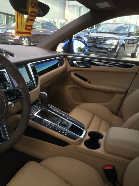 I love this coffee/beige color! Cream Car Aesthetic, Black And Beige Car Interior, Beige Interior Car, Beige Car Interior, Brown And Beige Car Interior, Porsche Macan Interior, Porsche Brown Interior, Black Porsche, Beige Interior