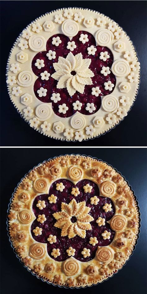 Pie-Crust-Design-Before-After-Part-2-Karin-Pfeiff-Boschek Fancy Pie Crust, Pie Crust Art, Beautiful Pie Crusts, Decorative Pie Crust, Pie Crust Designs, Pie Decoration, Pies Art, Lake Food Ideas Summer, Food Ideas Summer