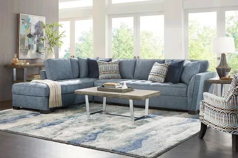 Calvin Heights 2 Pc Left Arm Chaise Xl Sectional Coastal Casual Living Room, Navy Sofa Living Room, Dark Wood Floors Living Room, Family Room Sectional, Cindy Crawford Home, Blue And White Living Room, Blue Sectional, Beach Theme Living Room, Grey Sectional