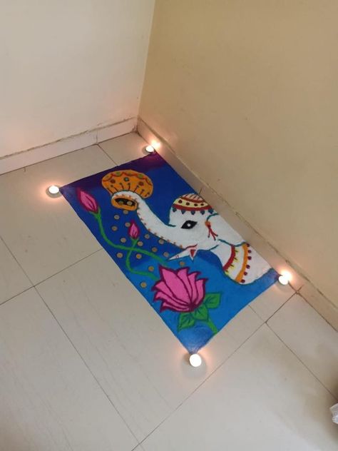 Dhanteras Elephant Rangoli, Cute Elephant Rangoli, Rangoli Elephant Design, Lotus Diwali Rangoli, Diwali Lotus Rangoli, Dhanteras Creative Rangoli, Festive Rangoli Designs, Satyanarayan Pooja Rangoli, Beautiful Rangoli Designs For Diwali