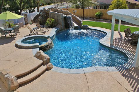 Freeform pool & spa combo with custom built slide and outd… | Flickr Pool Spa Combo, Pool With Slide, Hot Tub Ideas, Pool Makeover, Inground Pool Designs, Spa Images, Dream Backyard Pool, Freeform Pools, Pools Backyard Inground