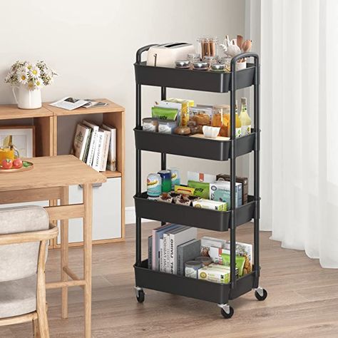 Sywhitta 4-Tier Plastic Rolling Utility Cart with Handle, Multi-Functional Storage Trolley for Office, Living Room, Kitchen, Movable Storage Organizer with Wheels, Black Movable Storage, Rolling Utility Cart, Storage Trolley, Rolling Storage, Rolling Cart, Utility Cart, Storage Cart, Living Room Storage, Functional Storage