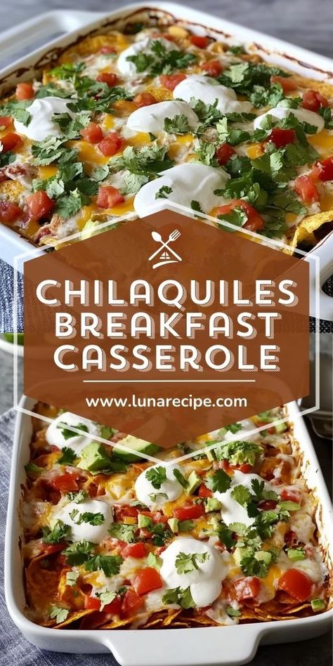 🌶️🍳 Spice up your brunch with this Chicken Chilaquiles Casserole! A delicious mix of crispy tortilla chips, tomatillo salsa, chicken, and eggs baked to perfection. It's the ultimate Mexican comfort food, great for brunch or dinner! Top with avocado, cheese, and cilantro for extra flavor. 🥑🧀 #ChilaquilesCasserole #MexicanRecipes #BrunchIdeas #ComfortFood #CasseroleRecipes #ChickenChilaquiles Chilaquiles With Tortilla Chips, Migas Casserole Breakfast, Mexican Chicken Casserole With Tortilla Chips, Chilaquiles Casserole Breakfast, Tortilla Chip Dinner Recipes, Chili Relent Breakfast Casserole, Baked Chilaquiles Recipe, Chilequilles Chilaquiles Recipe Verde, Breakfast Tortilla Casserole