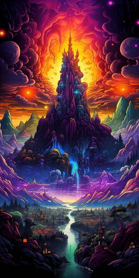 Where all drug highs are welcomed as sacred realms of the mind being amplified. Bonito, Beautiful Scenery Paintings, Universe Painting, 60s Art, Dragon Artwork Fantasy, Neon Backgrounds, Cosmic Art, Scenery Paintings, Trippy Wallpaper